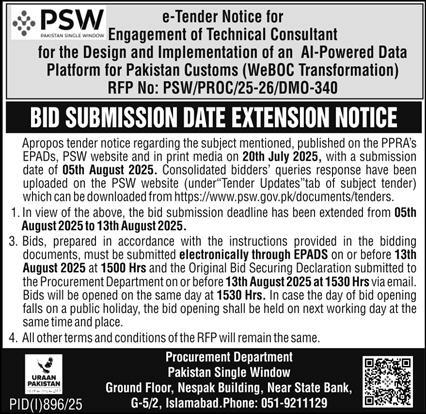 Pakistan Single Window Islamabad Tender Notice